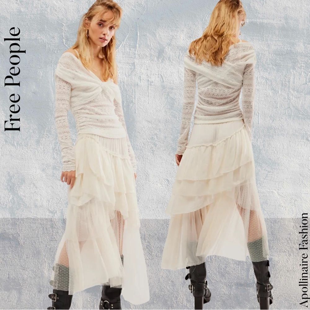 FREE PEOPLE REALITY CHECK TIERED MIDI SKIRT IN IVORY XL NWT
